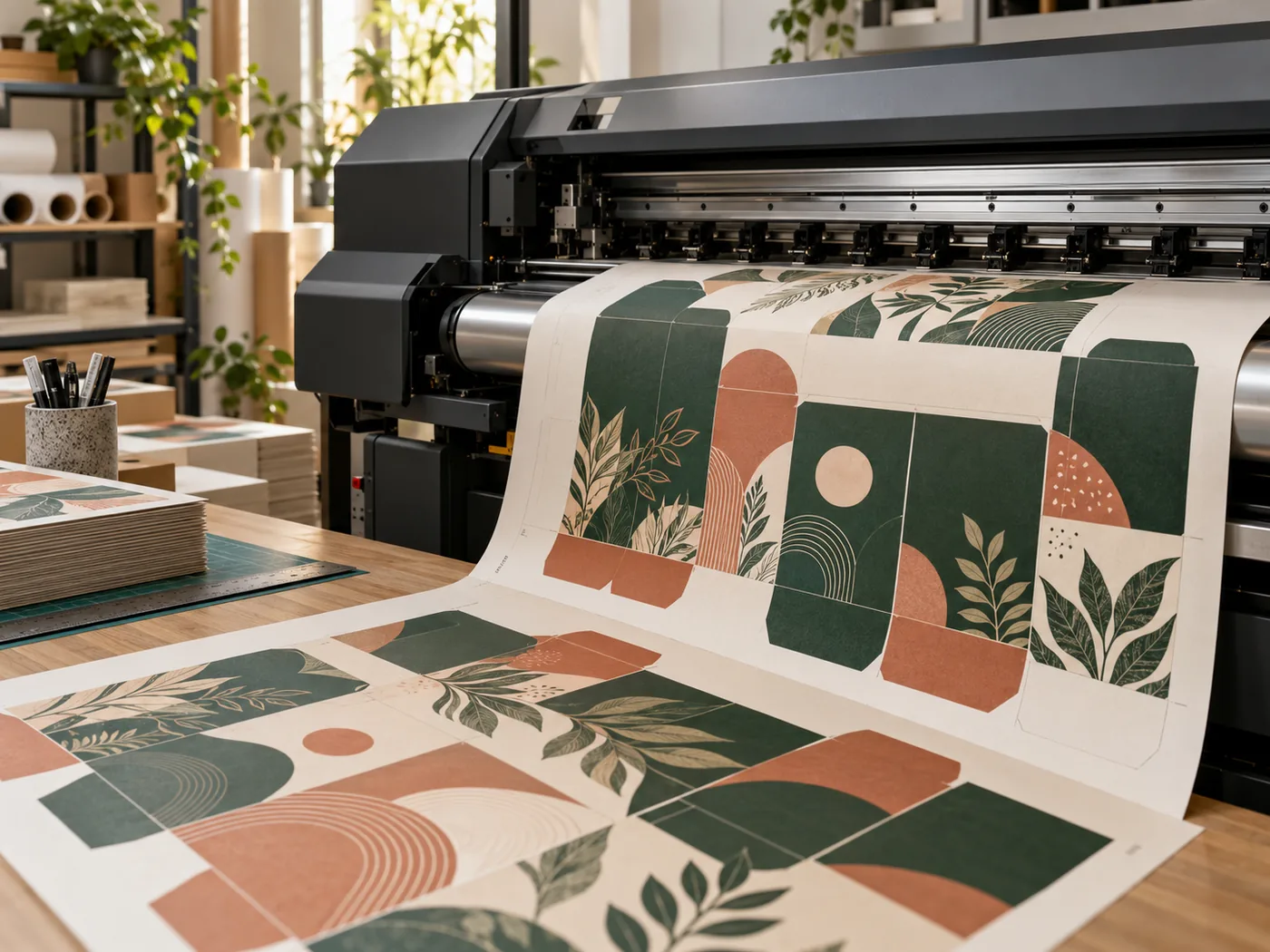 Close-up of colourful print sheets and professional printing equipment