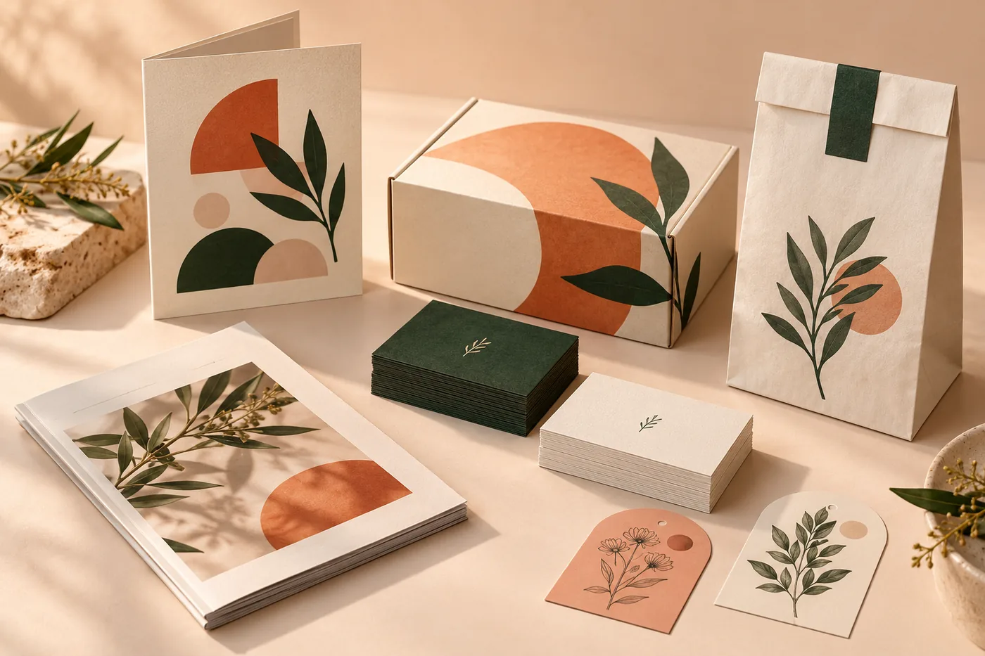 Premium printed business cards, botanical brochures, product labels and custom packaging