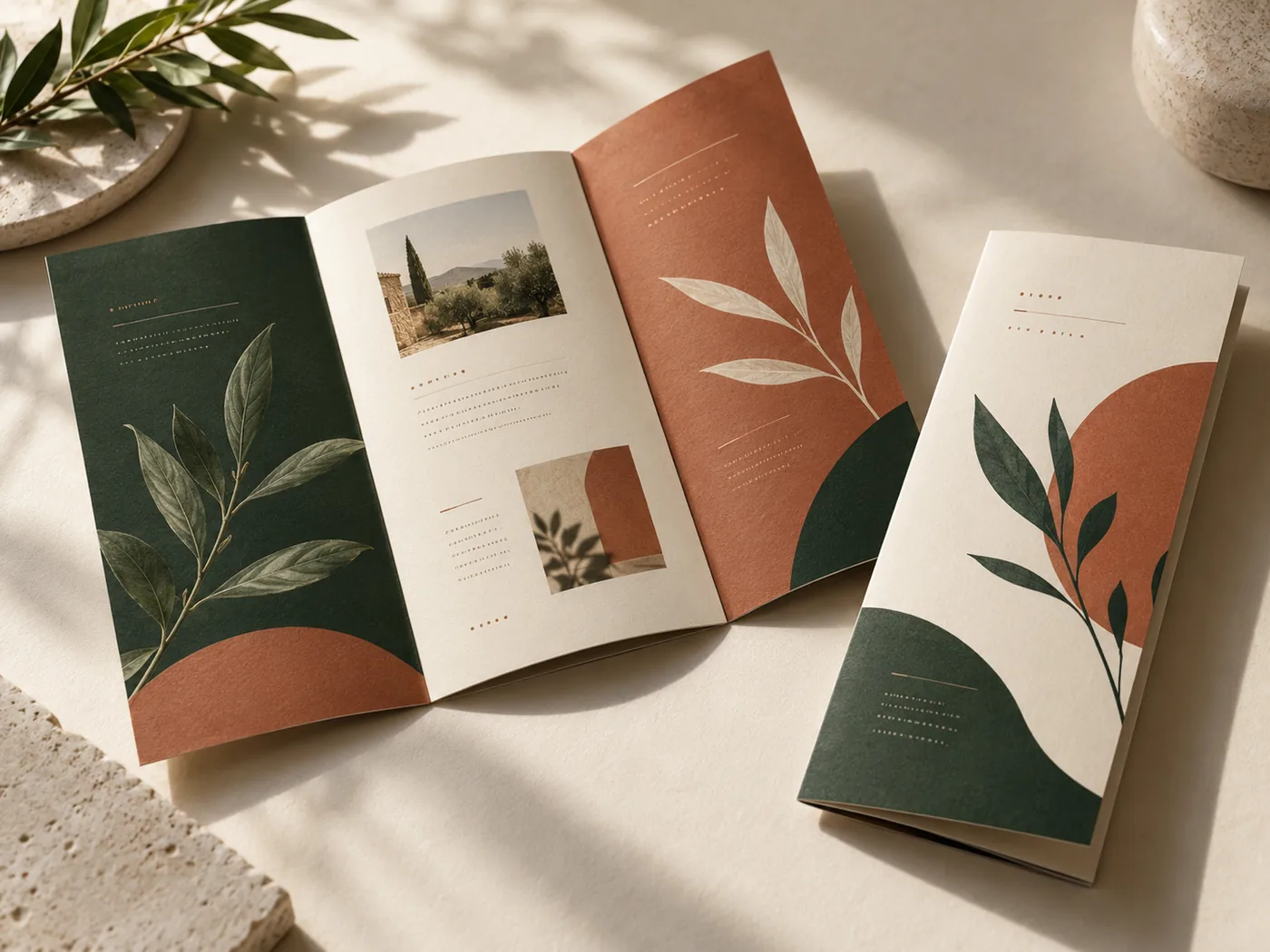 Printed editorial booklet and folded botanical brochure