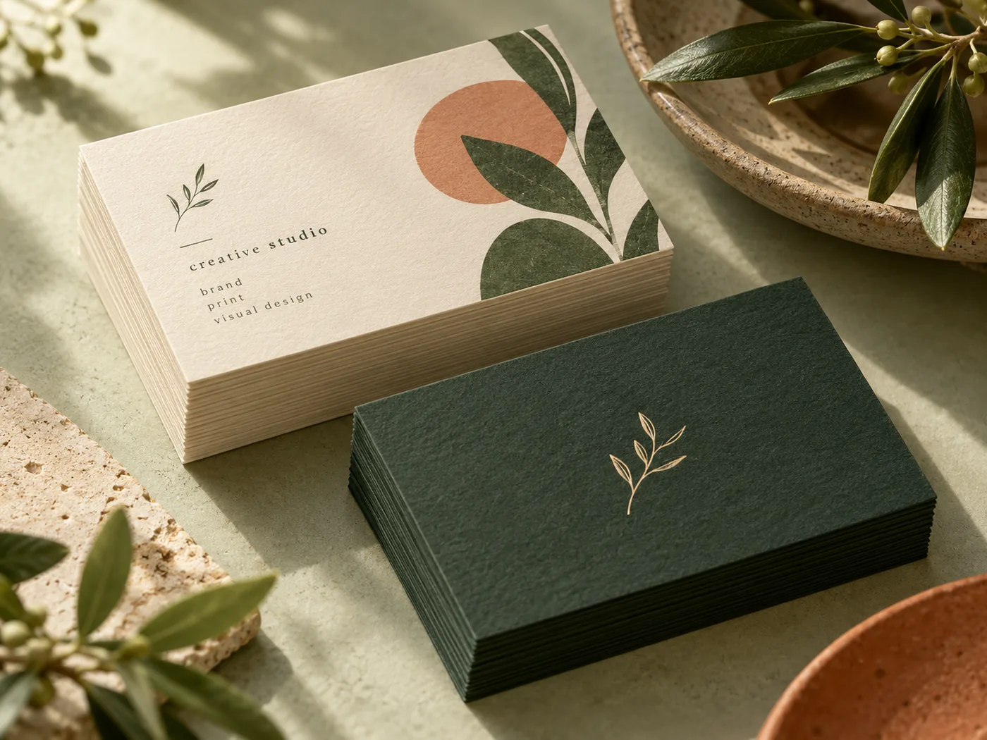 Stacks of forest green and ivory printed business cards