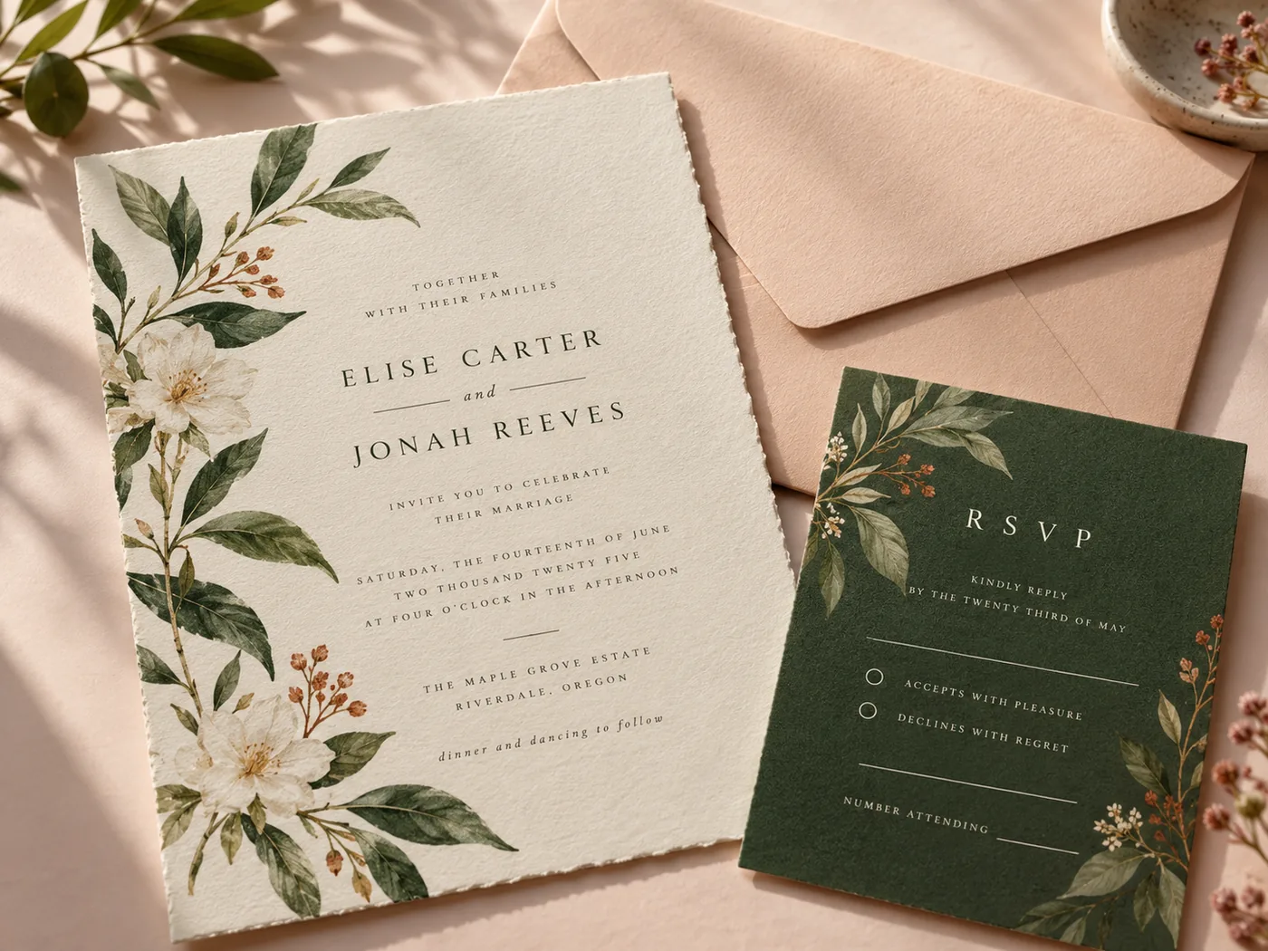 Textured ivory invitation cards with a blush envelope and botanical details