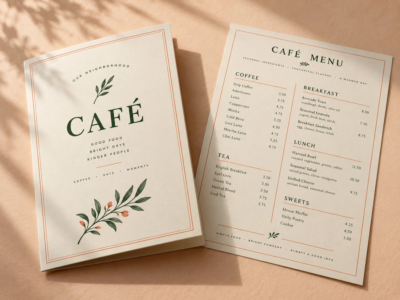 Printed café menus and folded menu booklet