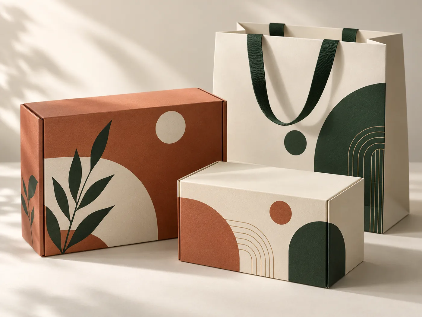 Cream and terracotta printed packaging boxes with a paper shopping bag