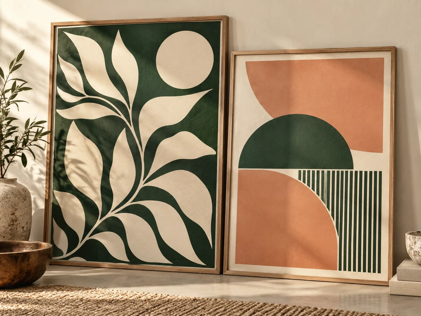 Large printed botanical and geometric posters