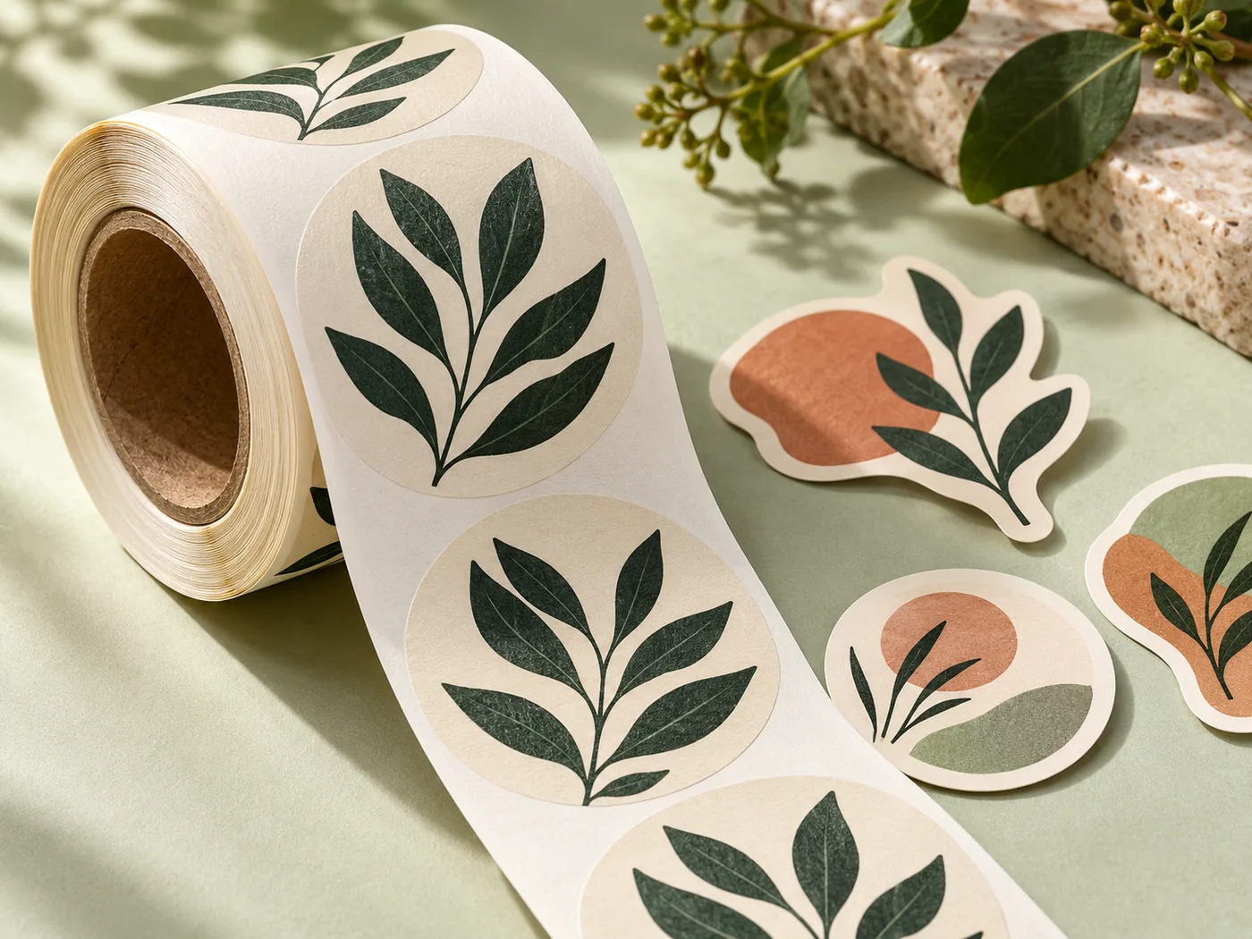 Roll of botanical product labels and colourful die-cut stickers